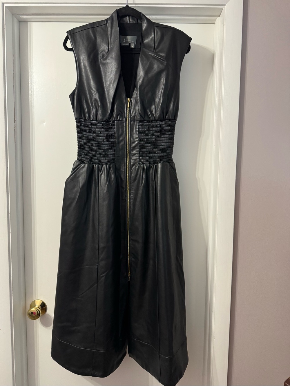 Anthropologie Sleeveless Black Faux Leather Zip-Front Dress